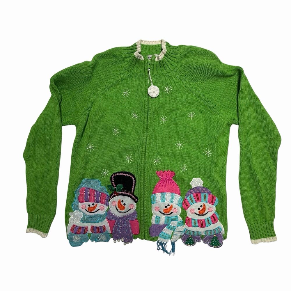VTG Tiana International Christmas Sweater Snowman Applique Holiday Cardigan